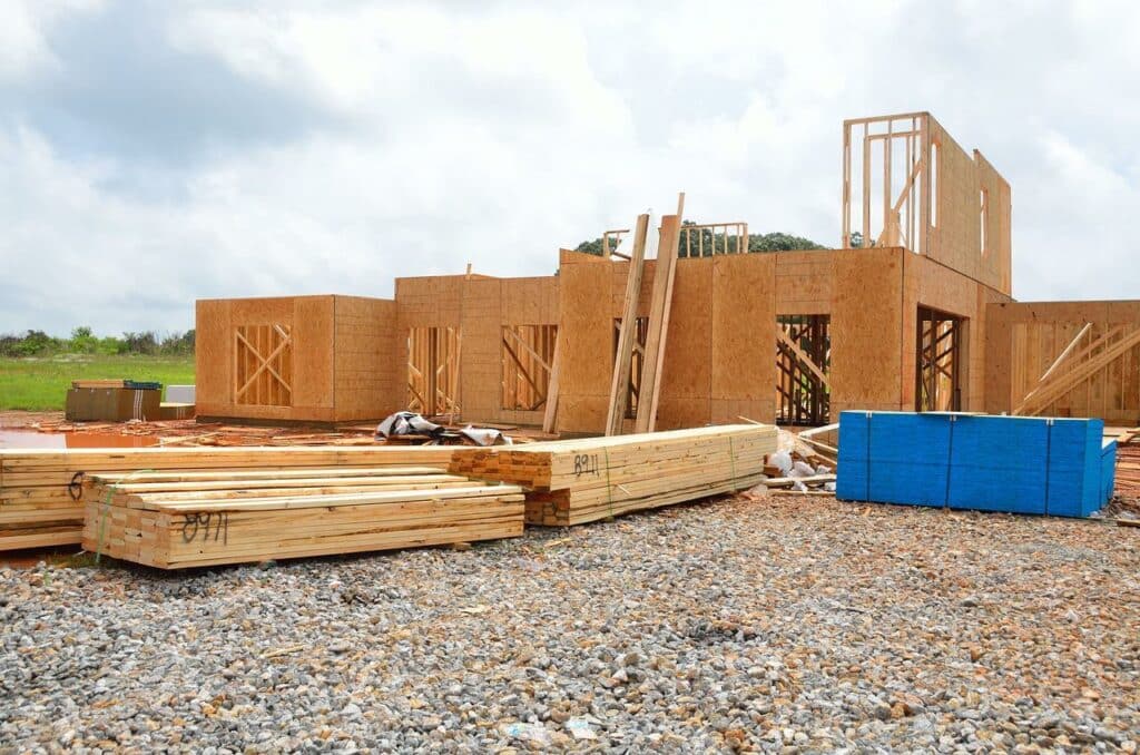 Home being built with construction materials