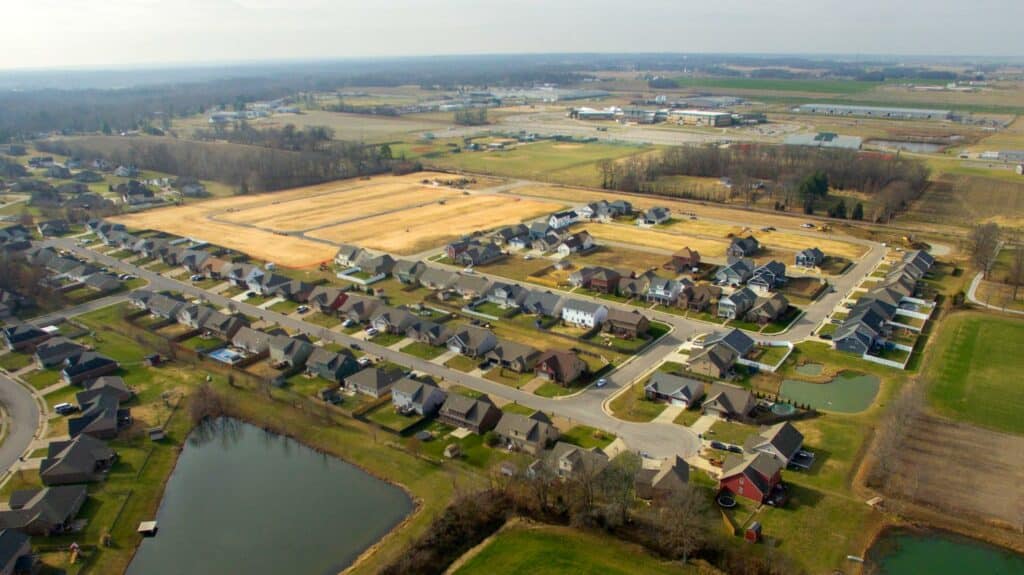 Drone shot of Reinbrecht Homes neighborhood Poet Square