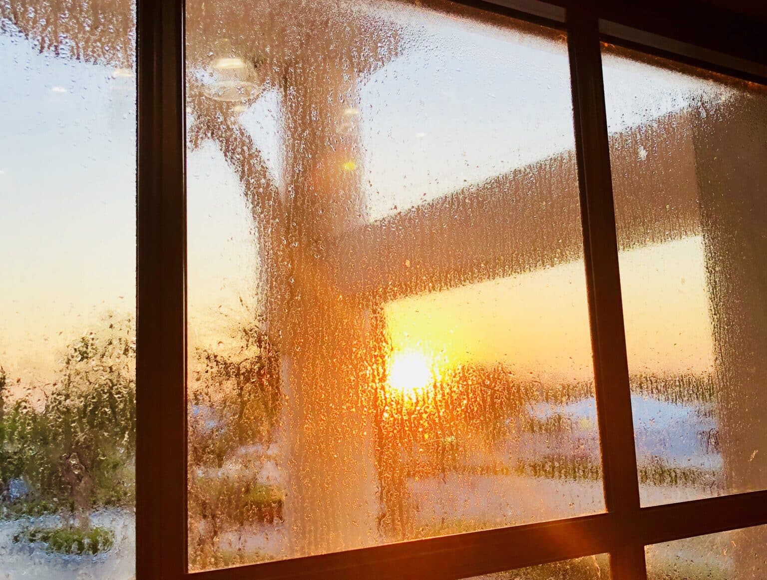 looking at the sunrise through a window with condensation on it