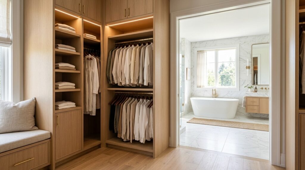 Minimalist master bedroom suite with elegant closet and serene bathroom space.