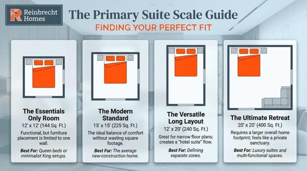 Master bedroom dimensions guide showcasing four primary suite layouts for optimal space utilization.