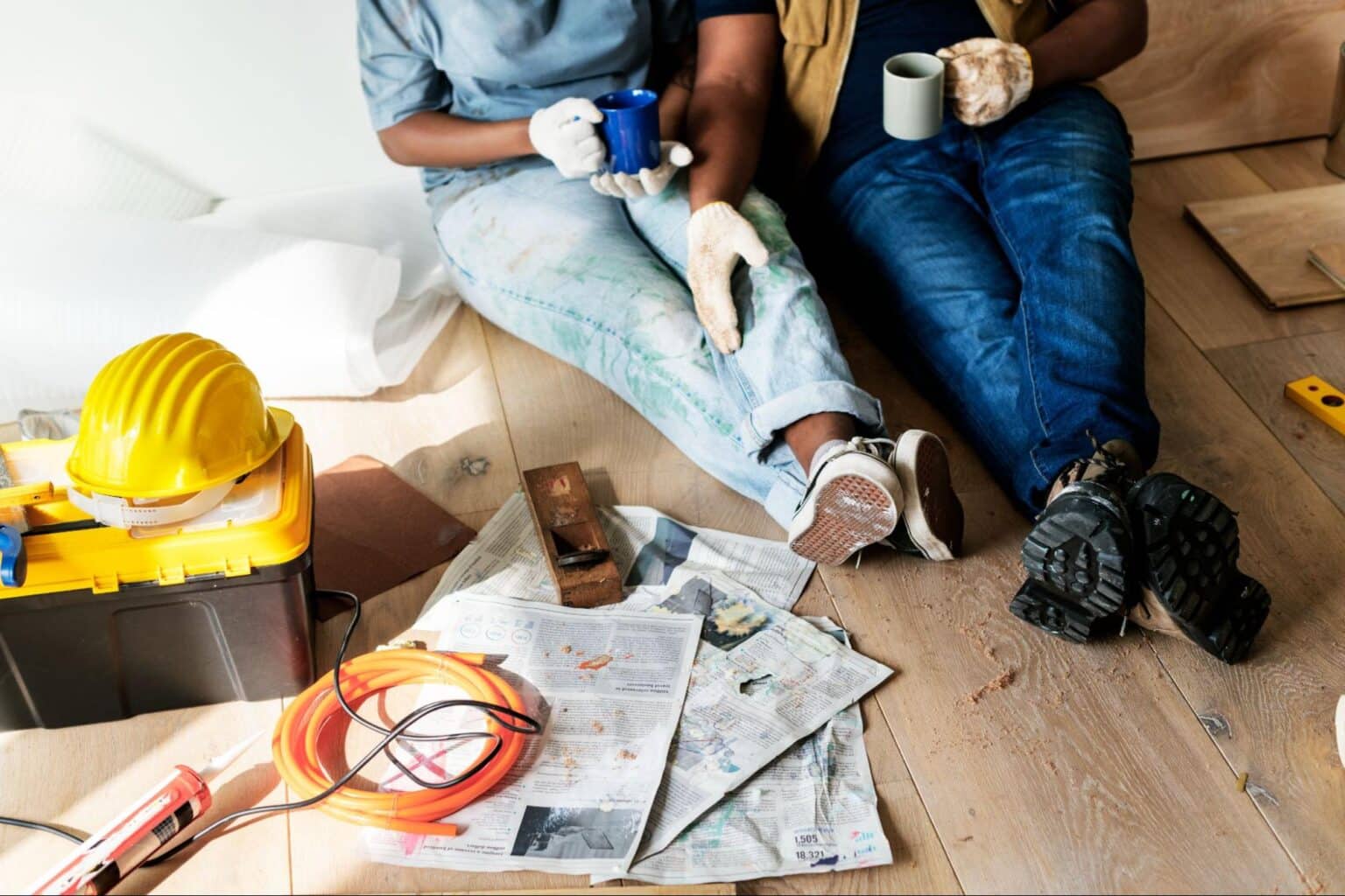 Construction workers enjoying coffee break on-site, recharging for the day ahead.