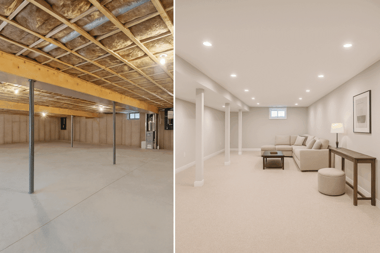 Incredible basement renovation: before and after transformation showcasing modern design.