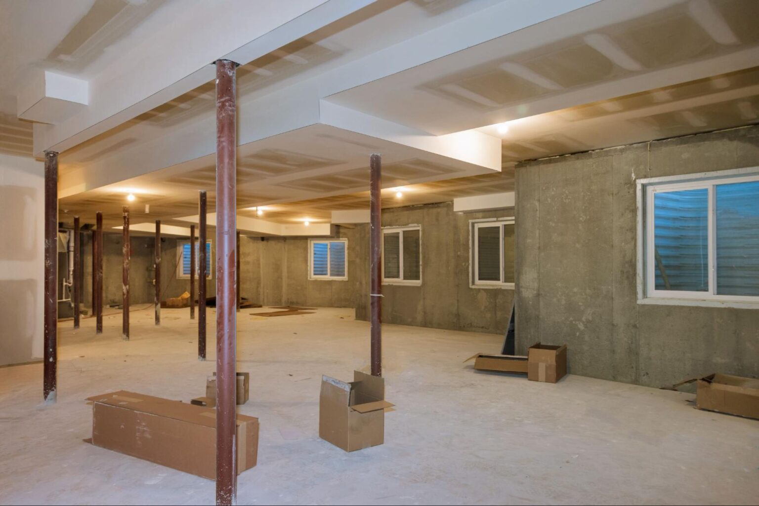 Basement renovation project showcasing open space and structural supports under construction.