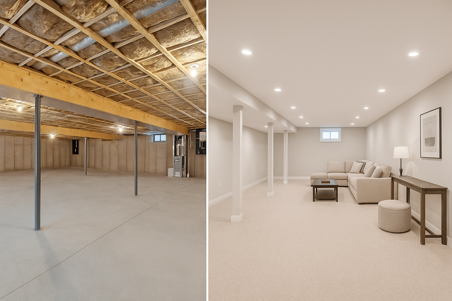Stunning basement transformation showcasing modern design and improved living space.