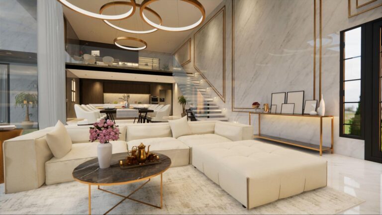 Chic modern living room featuring elegant decor and a luxurious sectional sofa.
