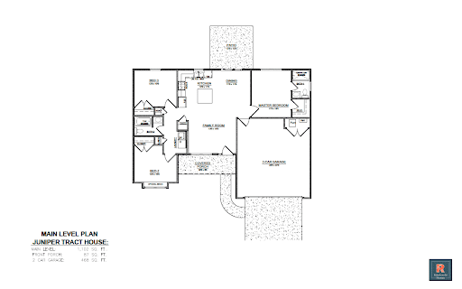 Main level floor plan of the Juniper Tract House with a two-car garage layout.