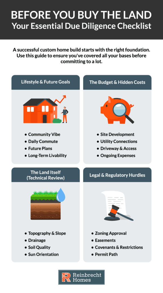 Essential due diligence checklist for buying land and planning custom homes.