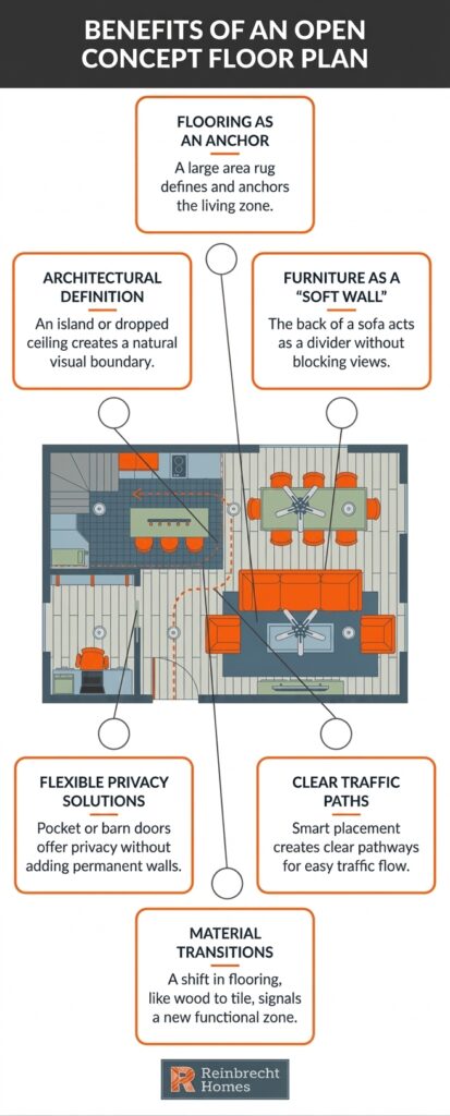 Benefits of open concept floor plans include enhanced flow and visual connectivity in design.