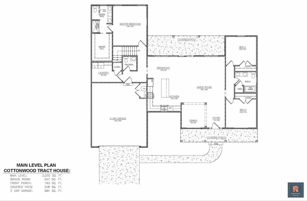 Main level design plan of the Cottonwood Tract House featuring room layouts and amenities.