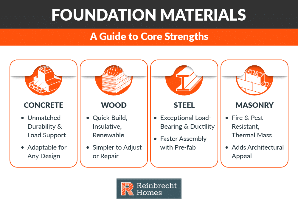 Foundation materials guide highlighting concrete, wood, steel, and masonry benefits.