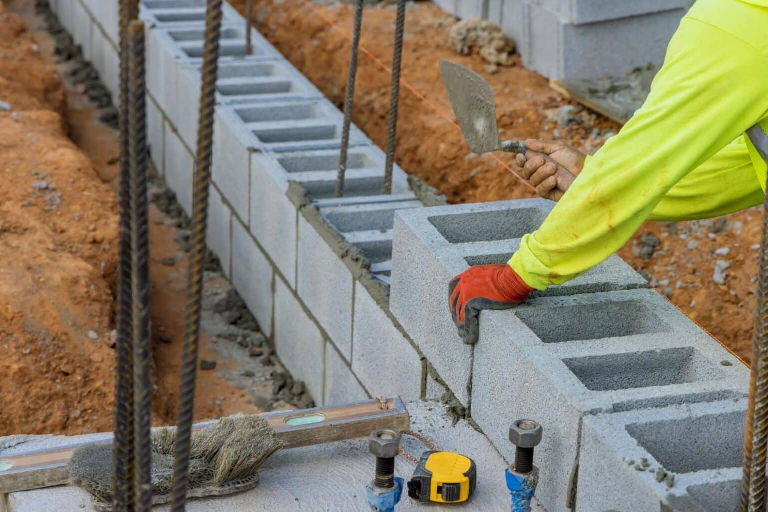 Masonry work establishing solid foundations with concrete blocks on a construction site.