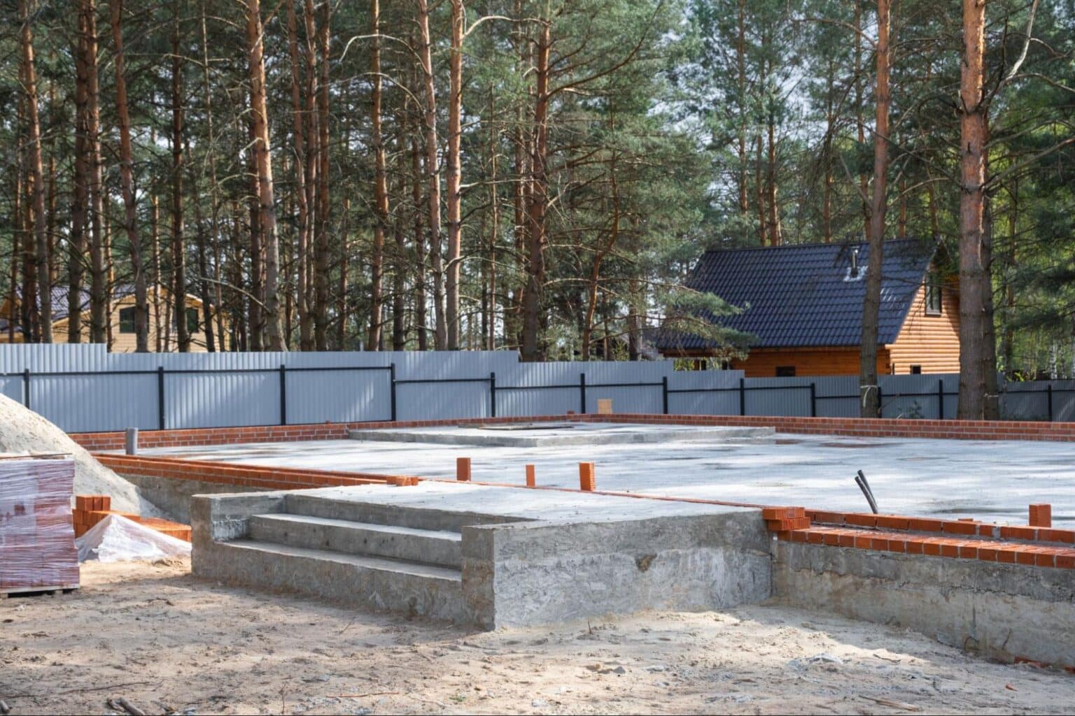 Foundation prepared for new construction amid trees and a nearby house.