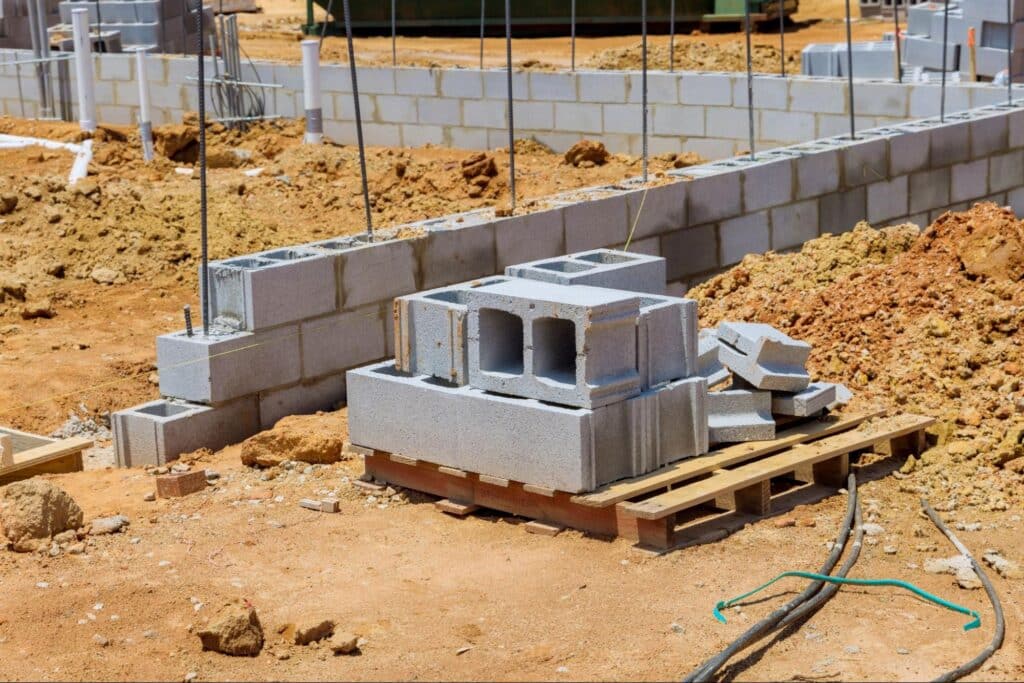 Construction site with stacked concrete blocks ready for building foundation work.