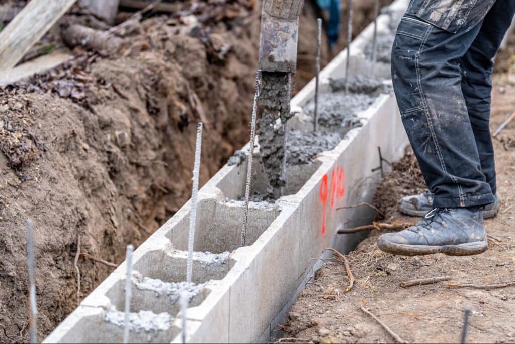 Worker pouring concrete into block foundations for construction on a building site.