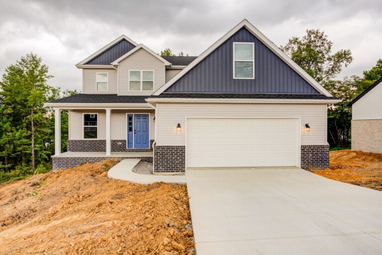 Modern home featuring blue accents and a spacious driveway in a tranquil landscape.