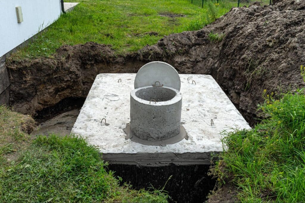 New septic system access point in backyard, surrounded by freshly dug soil.