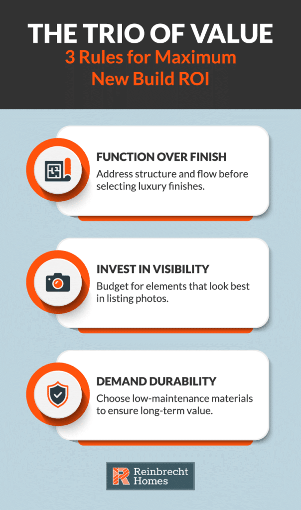Three principles for maximizing ROI on new home builds: function, visibility, and durability.