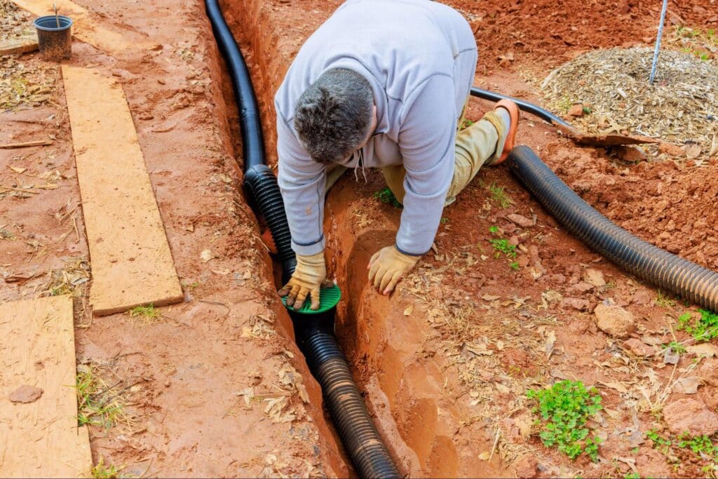 Man installing drainage pipes to manage yard water effectively.