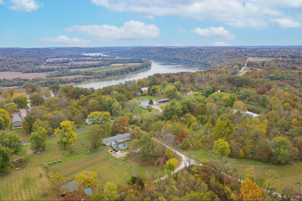 Aerial view of vibrant fall colors along the Ohio River Valley.