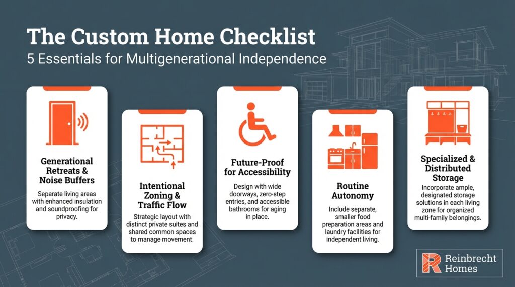 Custom home checklist for multigenerational living essentials and accessibility solutions.