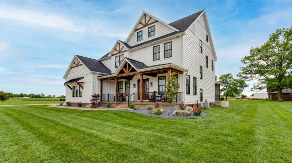 Modern farmhouse surrounded by a vibrant green yard under a bright blue sky.