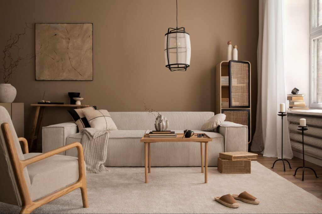 Stylish minimalist living room with neutral colors and cozy decor accents.