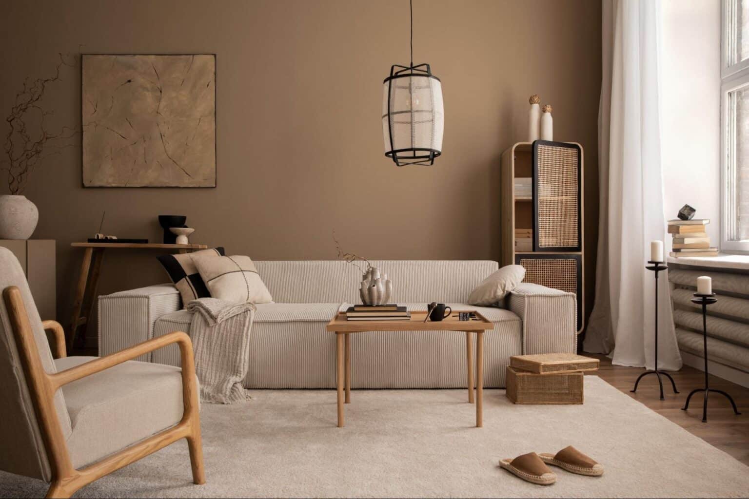 Stylish minimalist living room with neutral colors and cozy decor accents.