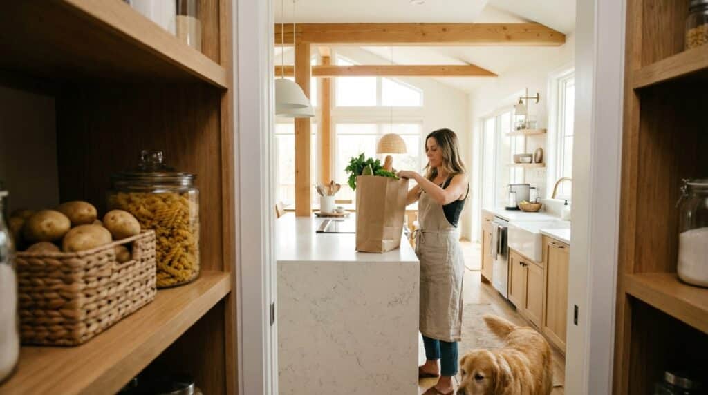 Woman unpacking groceries in a modern kitchen with a friendly dog nearby.