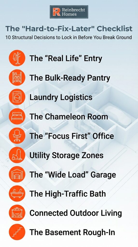 Hard-to-fix-later checklist for essential home design decisions before construction.