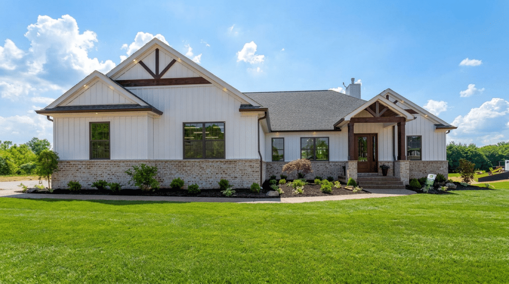Modern home in a vibrant landscape with greenery and a clear blue sky.