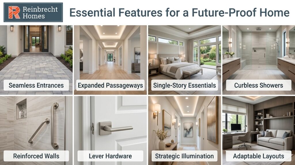 Essential features for a future-proof home include seamless entrances, adaptable layouts, and strategic lighting.