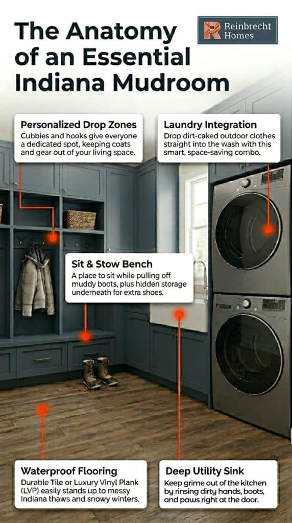 Essential Indiana mudroom design features convenient storage and laundry integration for modern homes.