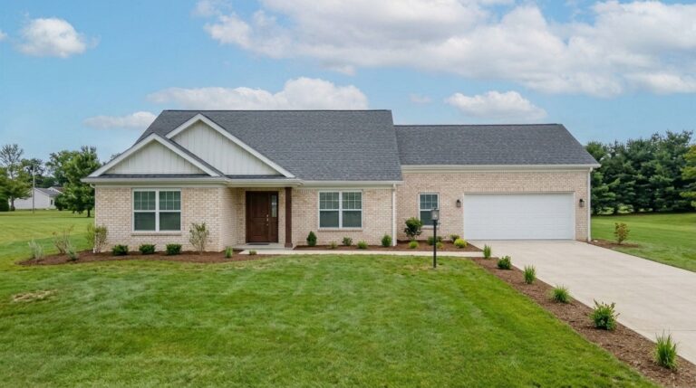 Modern family home with lush landscaping in a tranquil setting.