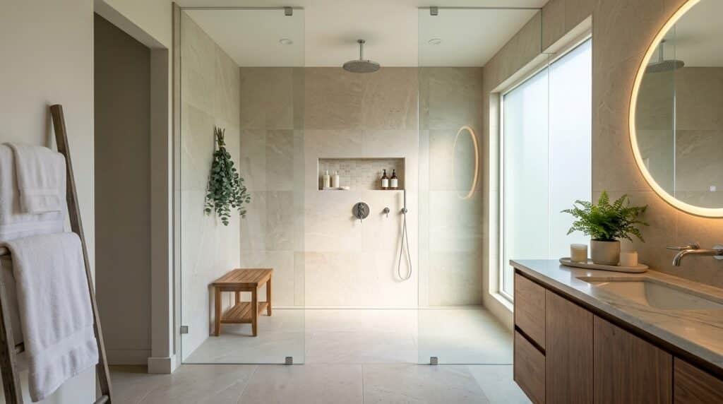 Stylish modern bathroom featuring natural light and a sleek walk-in shower.