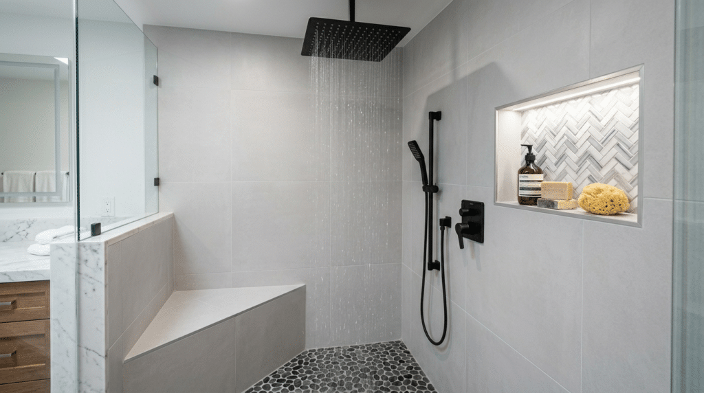 Modern shower design with sleek fixtures and stylish tile accents for a serene bathroom.