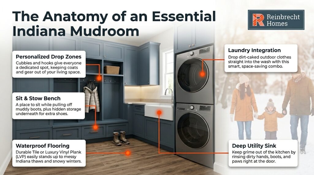 Essential features of an Indiana mudroom, including storage, flooring, and laundry integration.