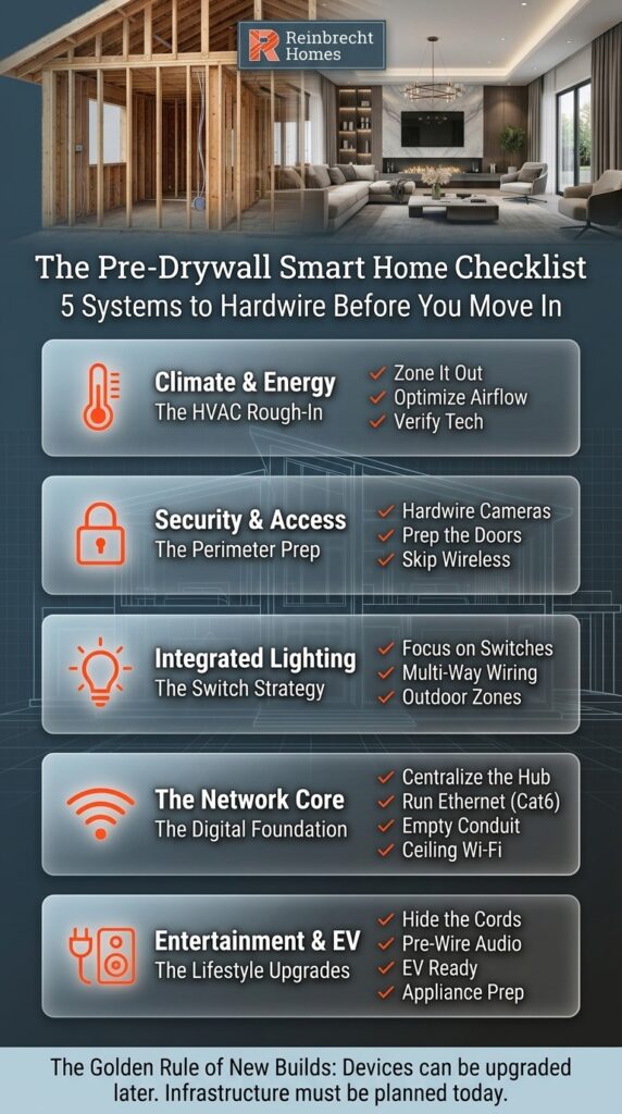 Smart home checklist for pre-drywall: plan HVAC, security, lighting, network, and entertainment.