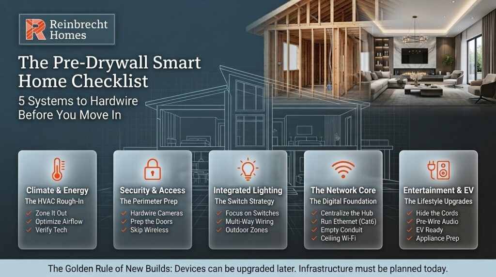 Pre-drywall smart home checklist for efficient wiring systems before moving in.