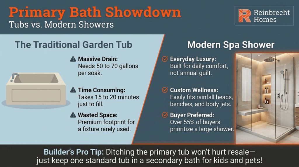 Compare tubs and showers for modern bathroom design and buyer preferences.