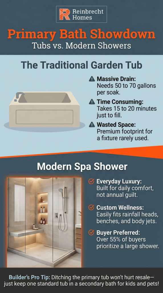 Compare garden tubs and modern showers in your primary bathroom design choices.