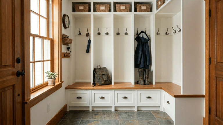 Stylish mudroom featuring organized storage, hooks, and seating for outdoor gear.