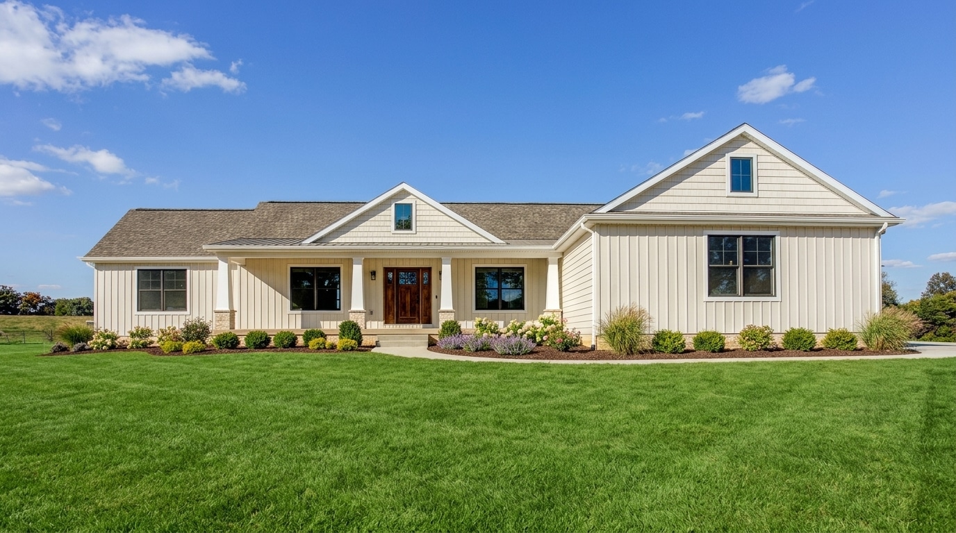 Charming country home with lush greenery and clear blue skies. Perfect for serene living.
