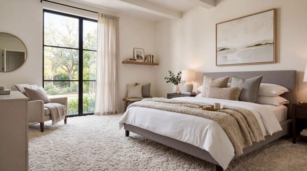 Bright and inviting modern bedroom with cozy textiles and elegant decor elements.