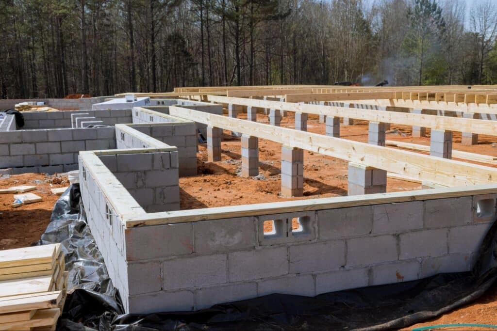Concrete block foundations and wooden beams under construction, shaping the future of building.