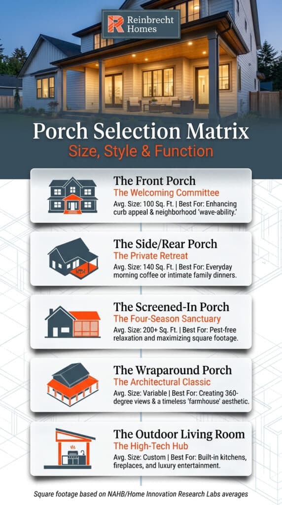 Explore various porch styles, sizes, and functions for your ideal outdoor living space.