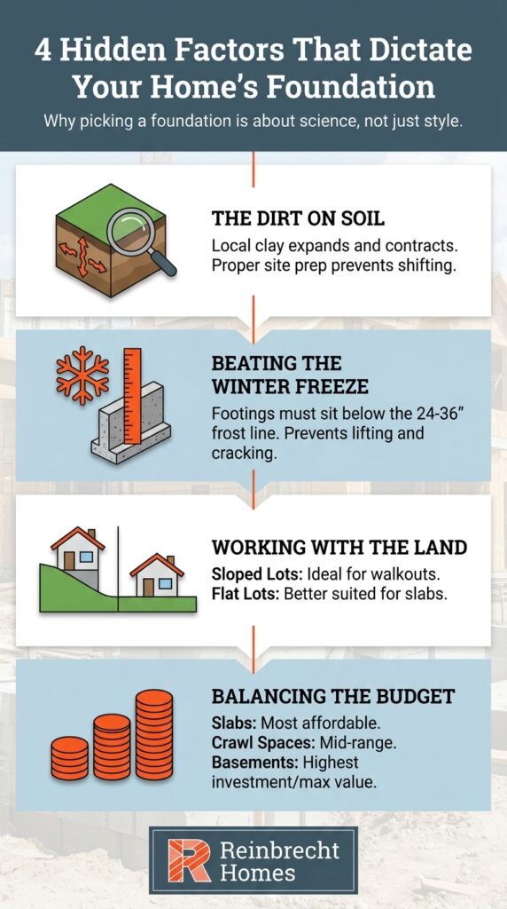 Four essential factors impacting your homes foundation choice for durability and stability.