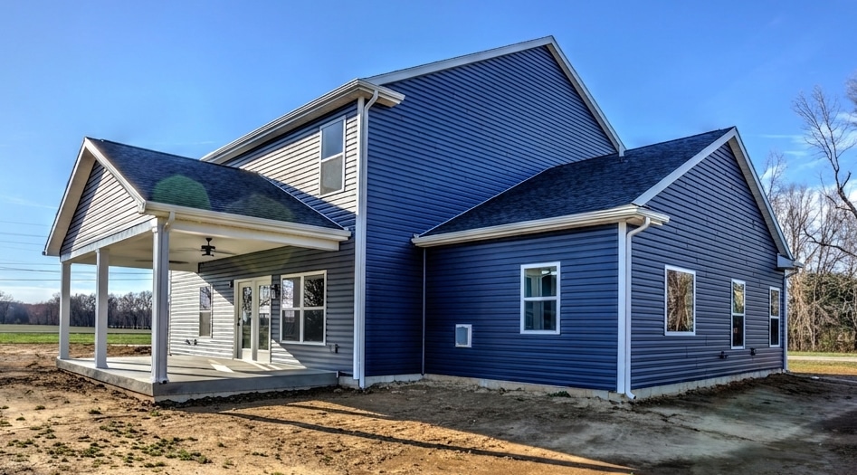 Charming blue house with spacious porch against a bright, clear sky.