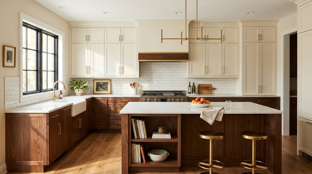 Modern kitchen with warm wood accents, stylish island, and abundant natural light.