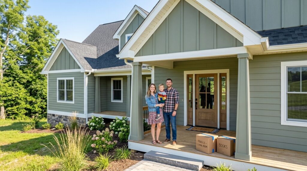 New homeowners joyfully celebrate their first moments in a beautiful new house.